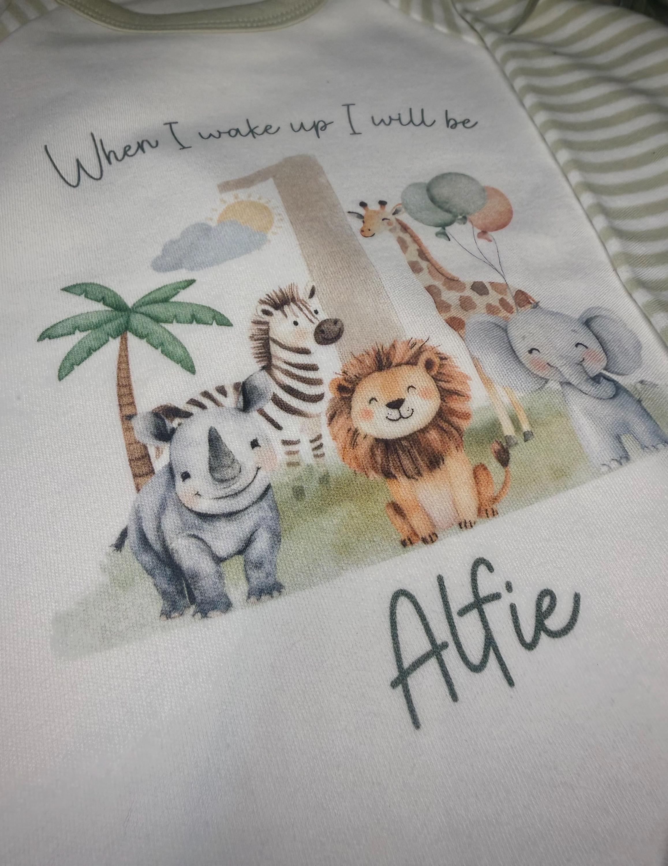 Personalised Safari Birthday Pyjamas, Babygrow or Vest
