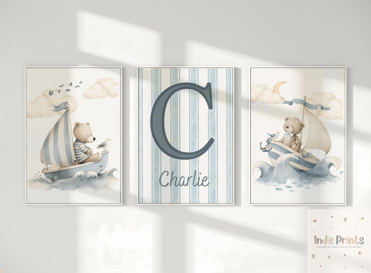 Personalised Nautical Teddy Bear Nursery Prints - Set of 3