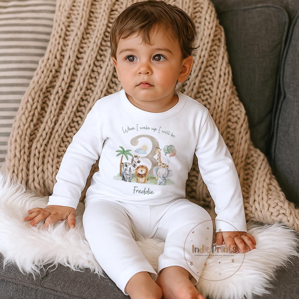 Personalised Safari Birthday Pyjamas, Babygrow or Vest