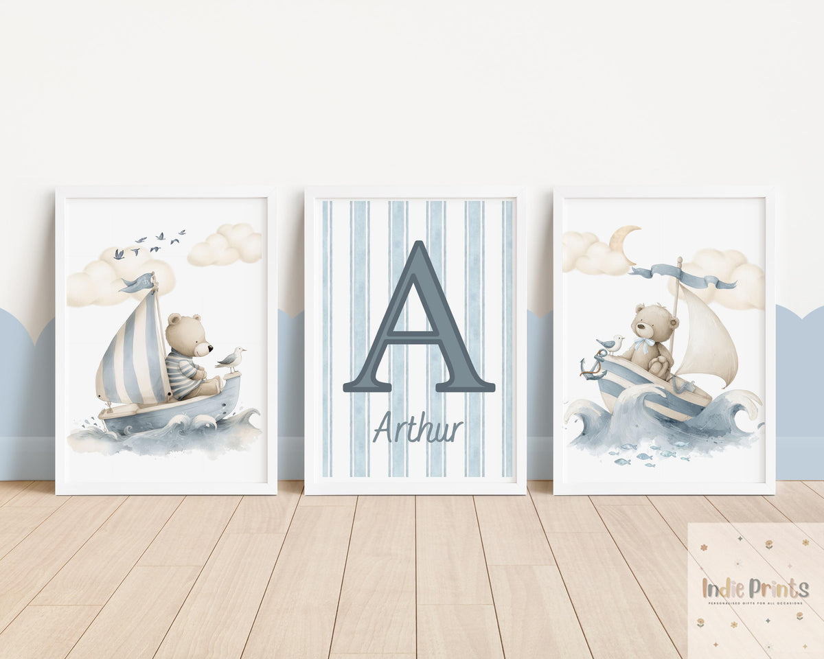 Personalised Nautical Teddy Bear Nursery Prints - Set of 3