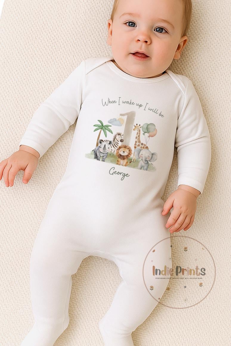 Personalised Safari Birthday Pyjamas, Babygrow or Vest
