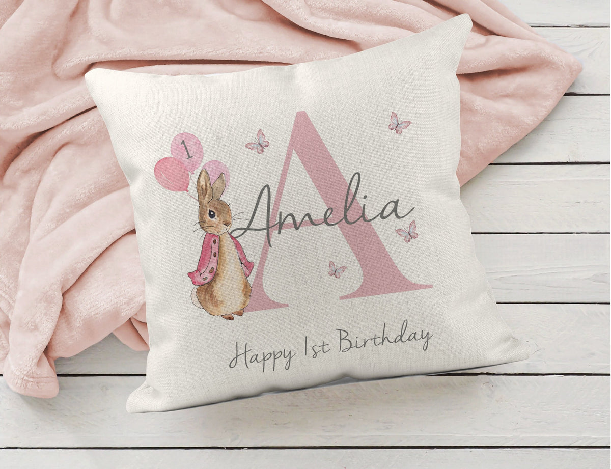 Personalised Peter Rabbit First Birthday Cushion