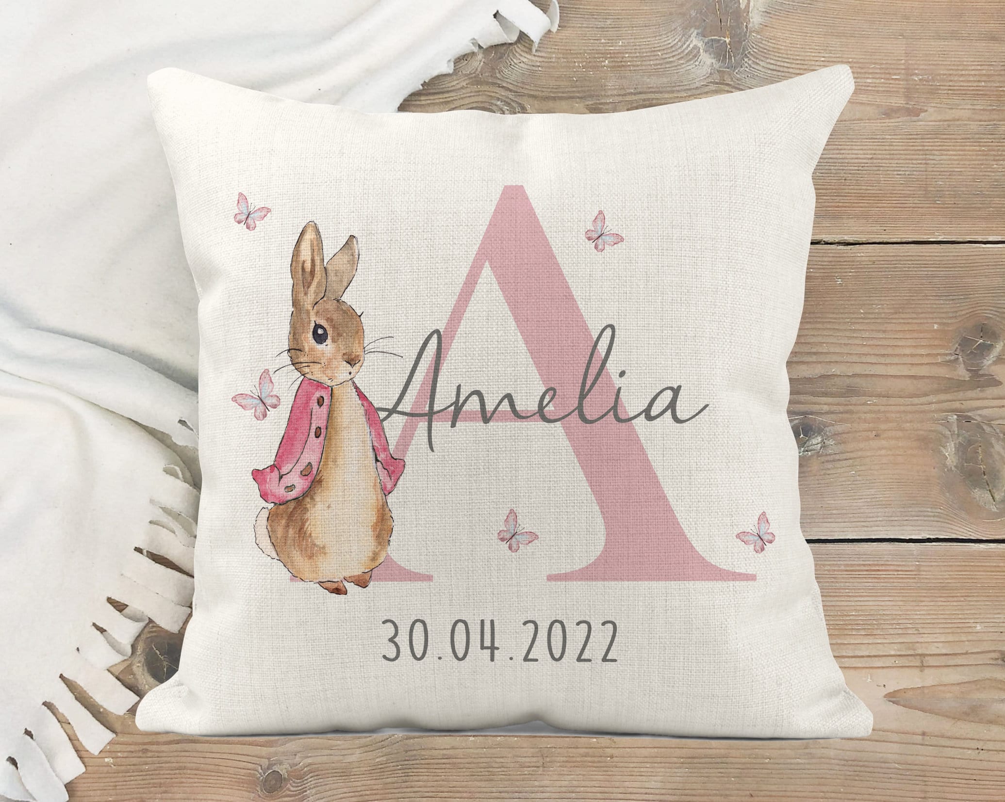 Personalised Peter Rabbit Birth Details Cushion