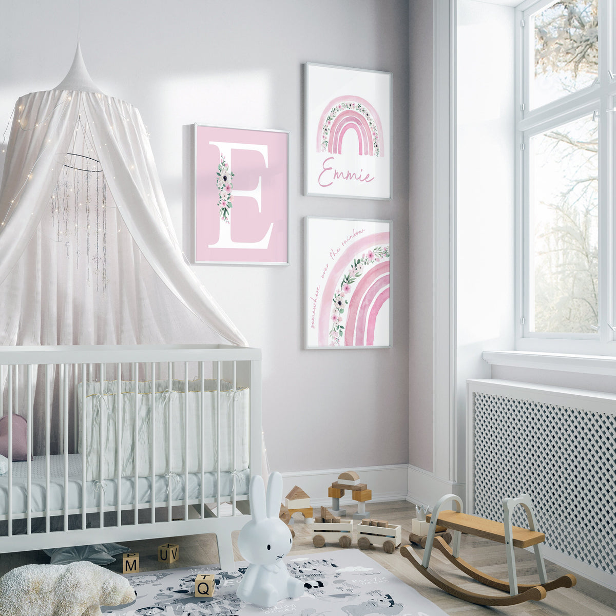 Personalised Floral Rainbow Nursery Prints