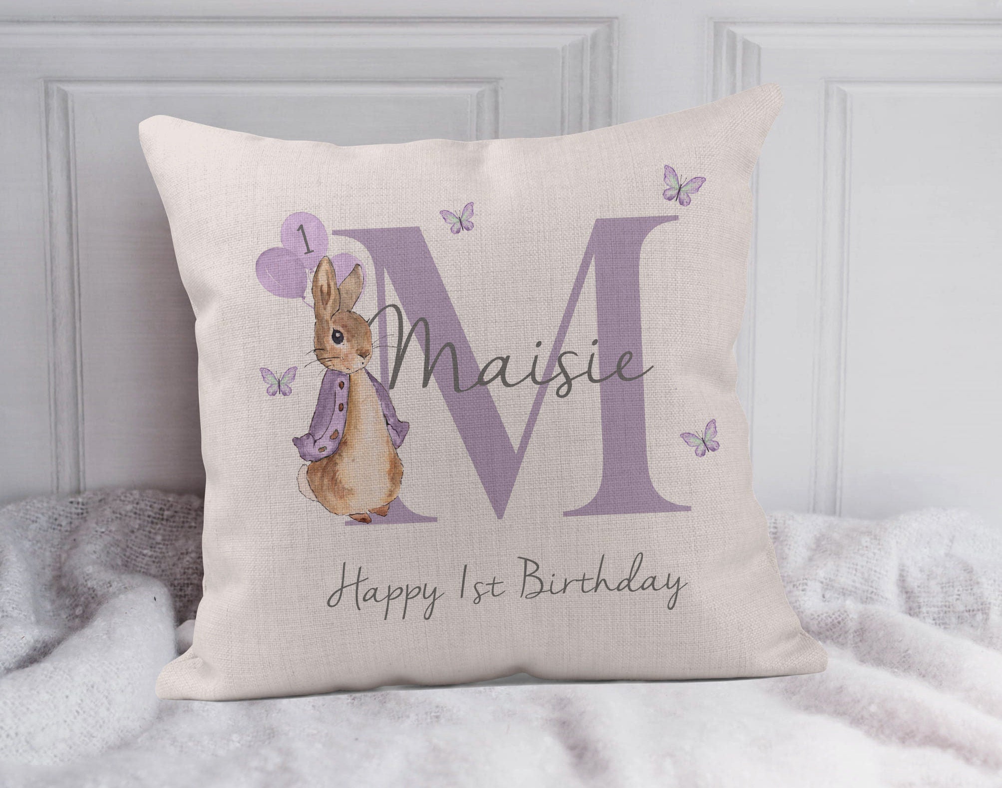Personalised Peter Rabbit First Birthday Cushion