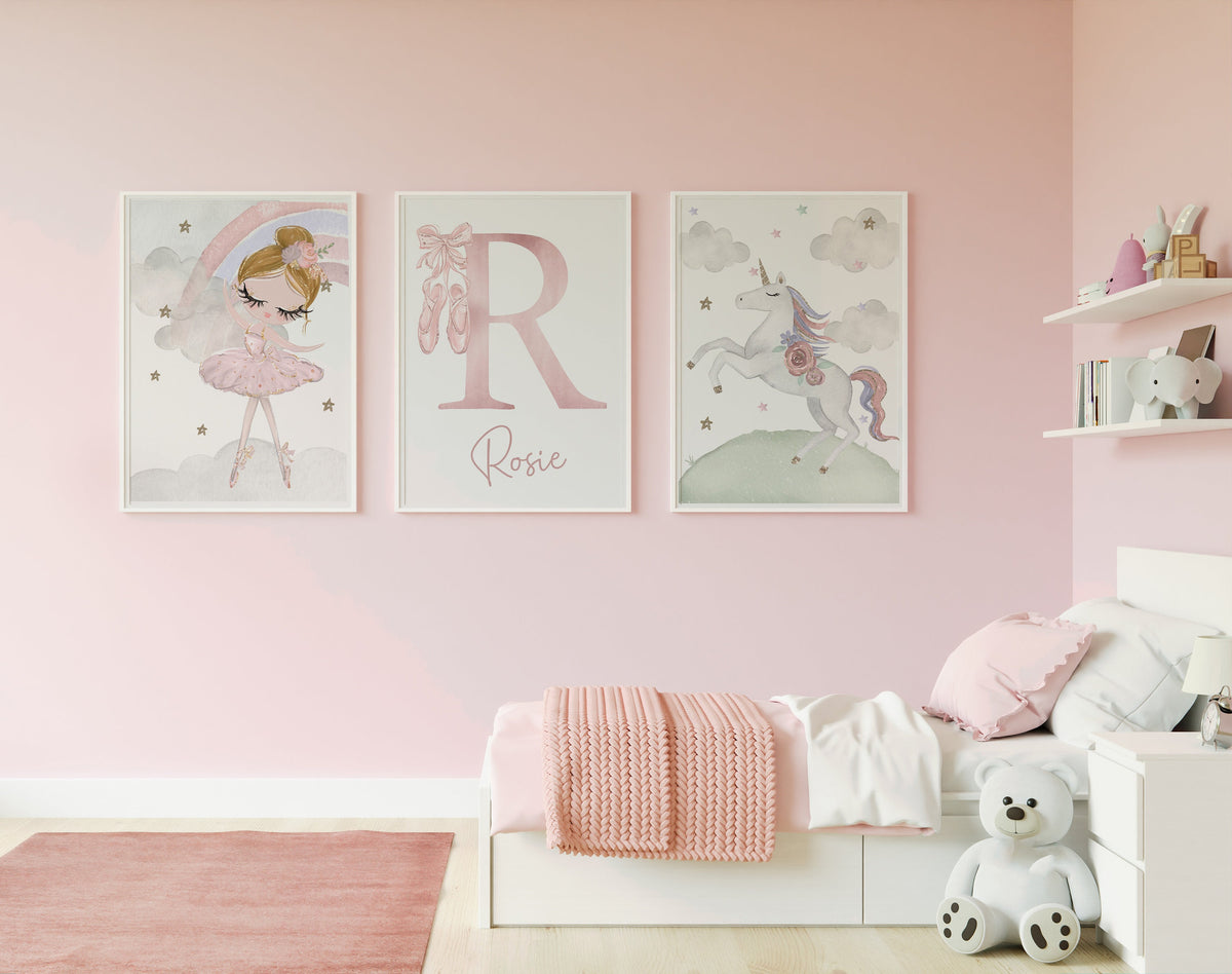 Personalised Unicorn & Ballerina Nursery Prints – Set of 3