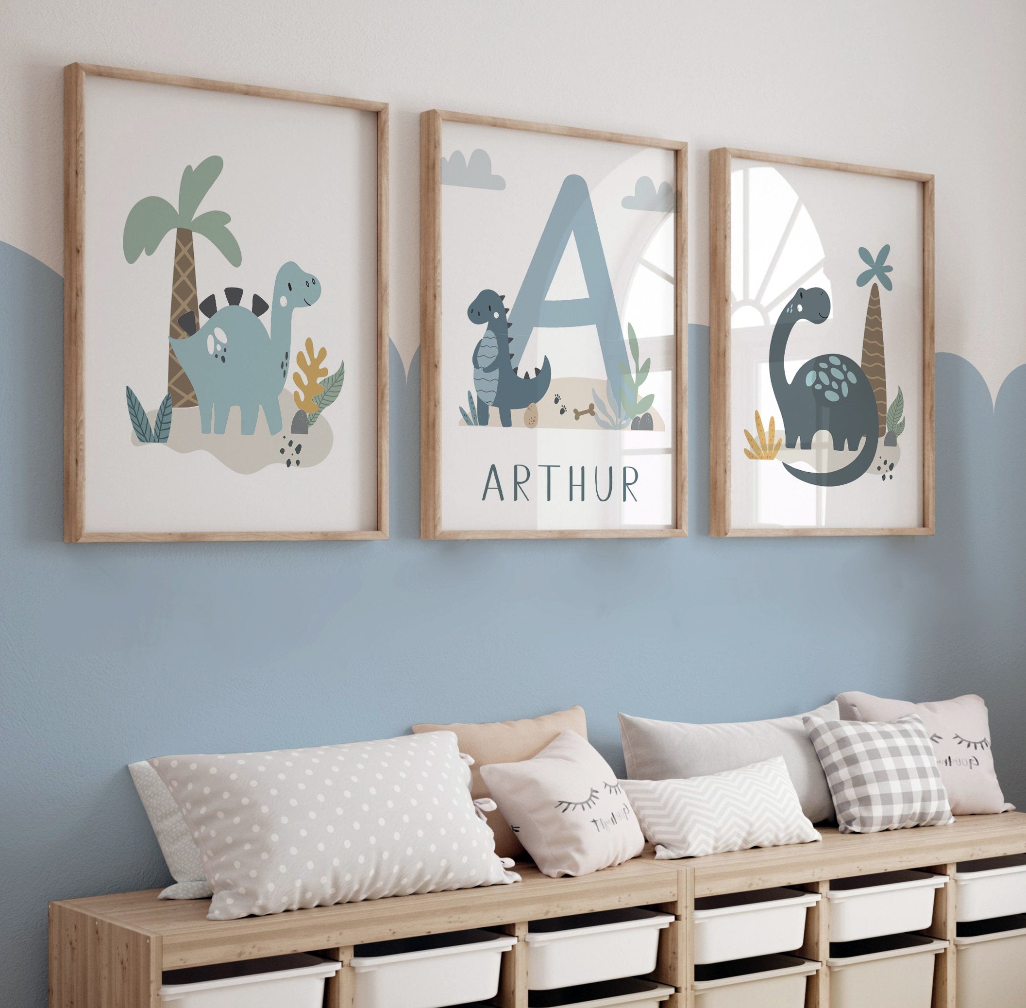 Blue & Green Dinosaur Nursery Prints – Set of 3