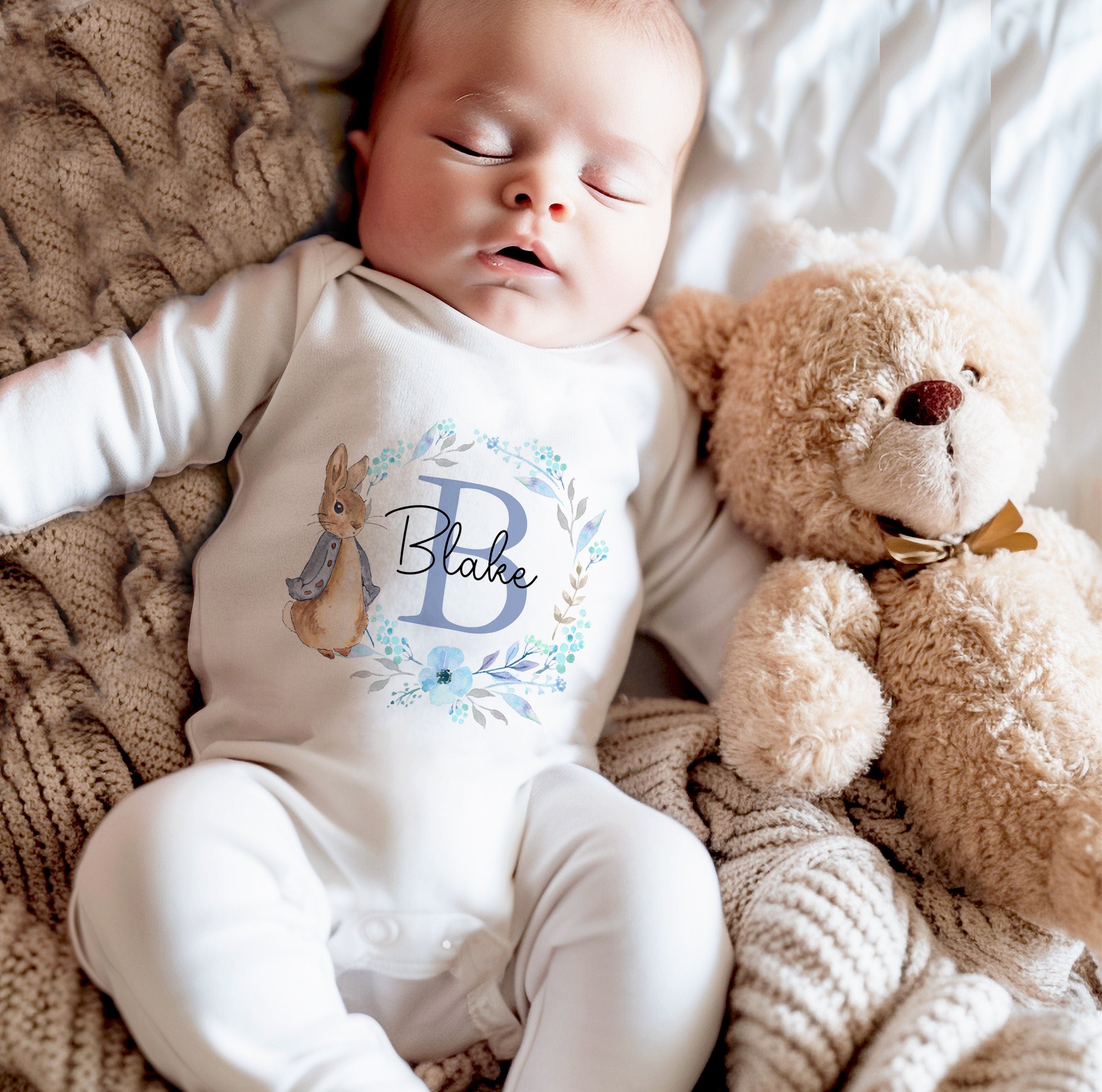 Personalised New Baby Bunny Babygrow Vest and Bib