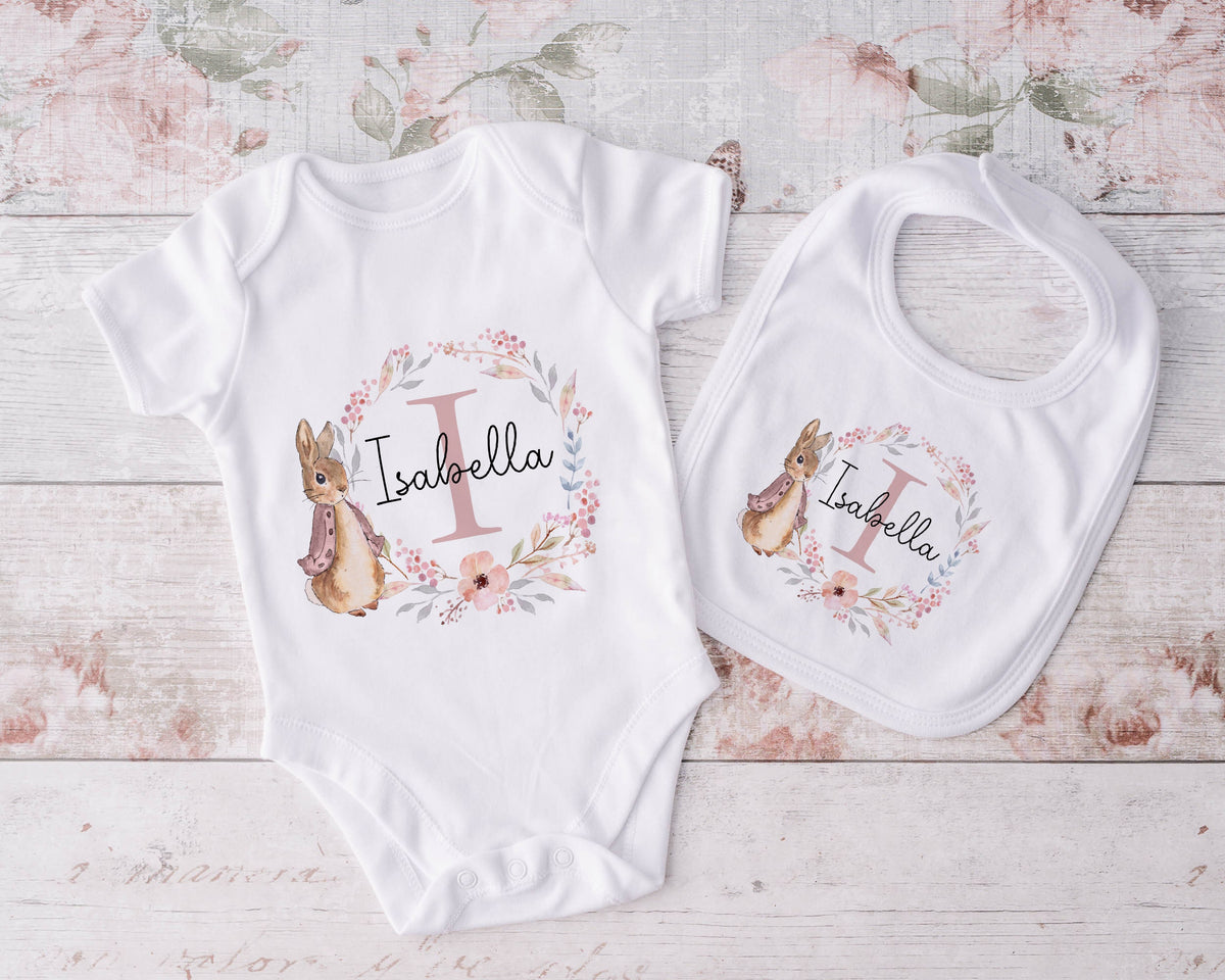 Personalised New Baby Bunny Babygrow Vest and Bib