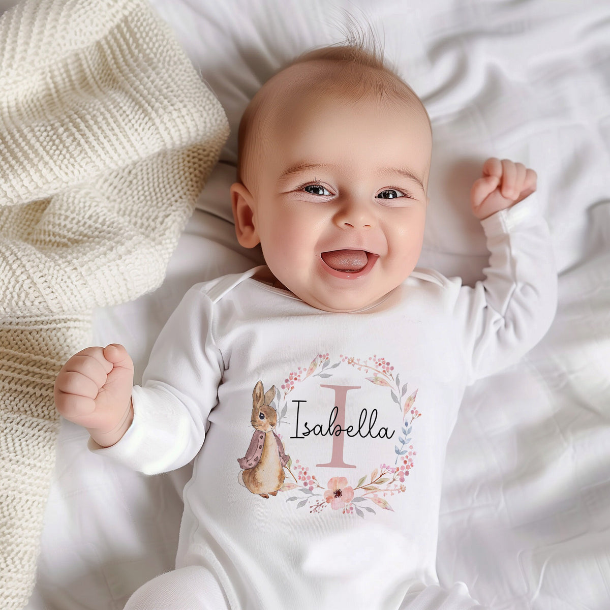 Personalised New Baby Bunny Babygrow Vest and Bib