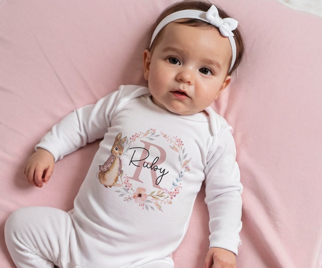 Personalised New Baby Bunny Babygrow Vest and Bib