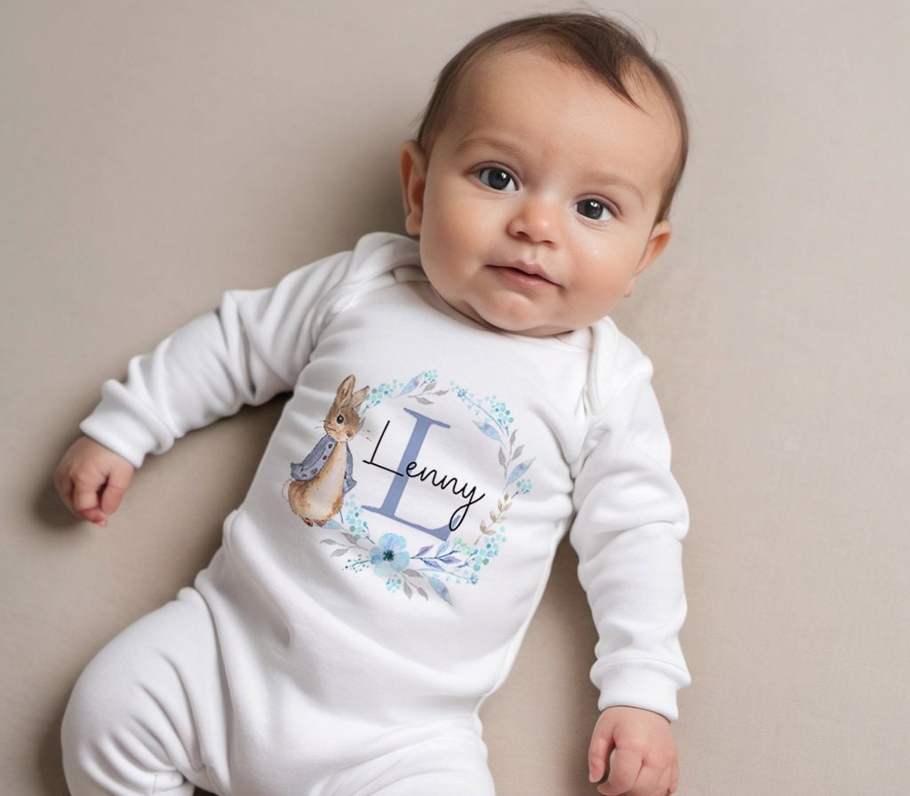 Personalised New Baby Bunny Babygrow Vest and Bib