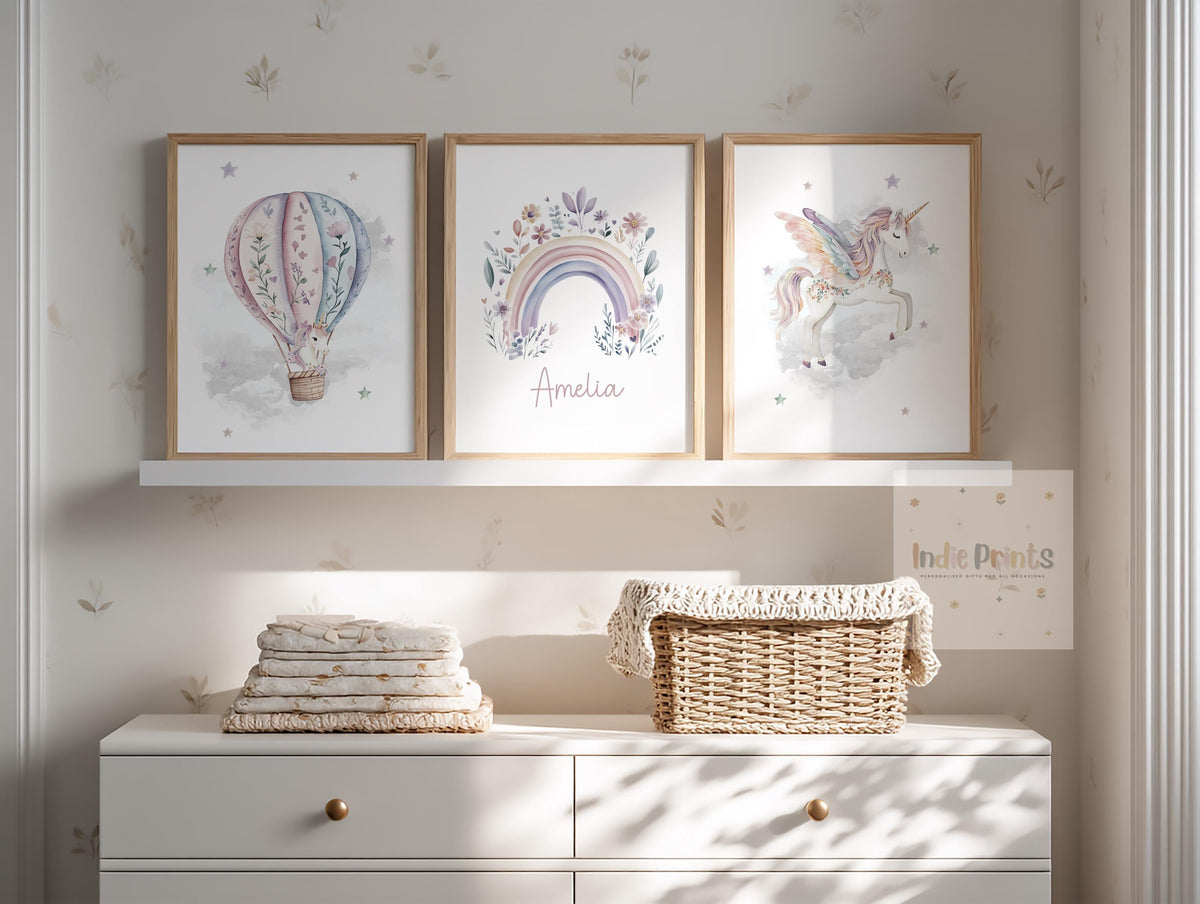Personalised Floral Unicorn Nursery Prints – Set of 3