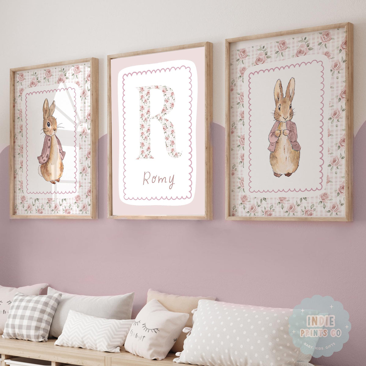 Personalised Pink Bunny Floral Nursery Prints