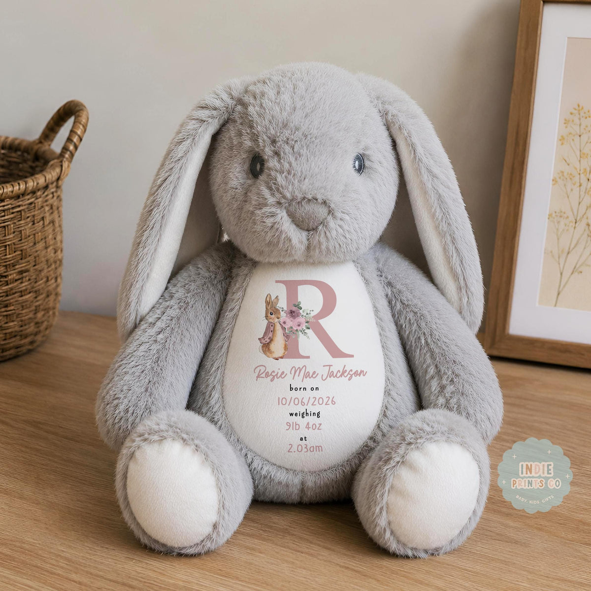 Personalised Baby Girl Gift, Birth Details Bunny, Newborn Keepsake, New Baby Gift, Personalised Soft Toy