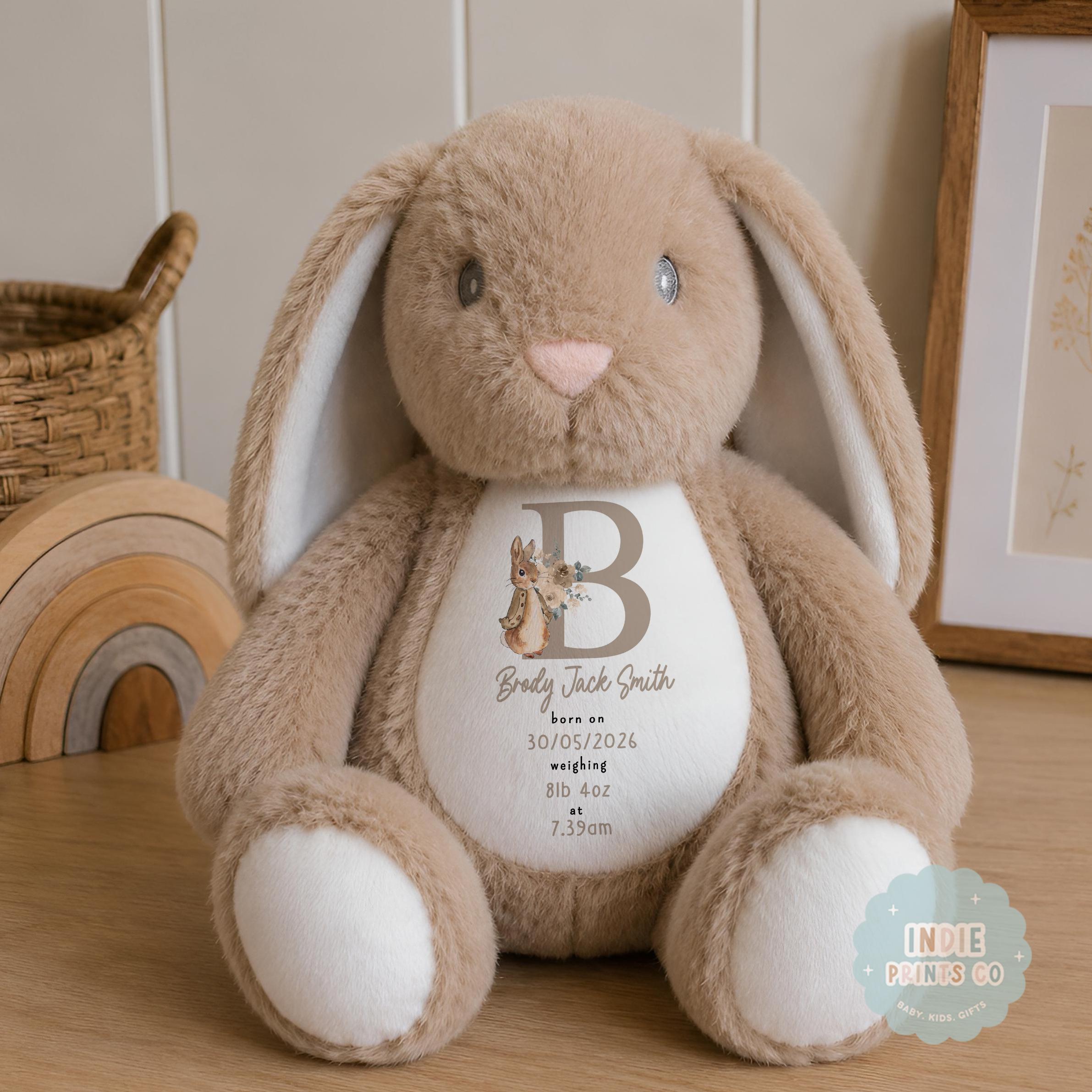 Personalised Baby Girl Gift, Birth Details Bunny, Newborn Keepsake, New Baby Gift, Personalised Soft Toy