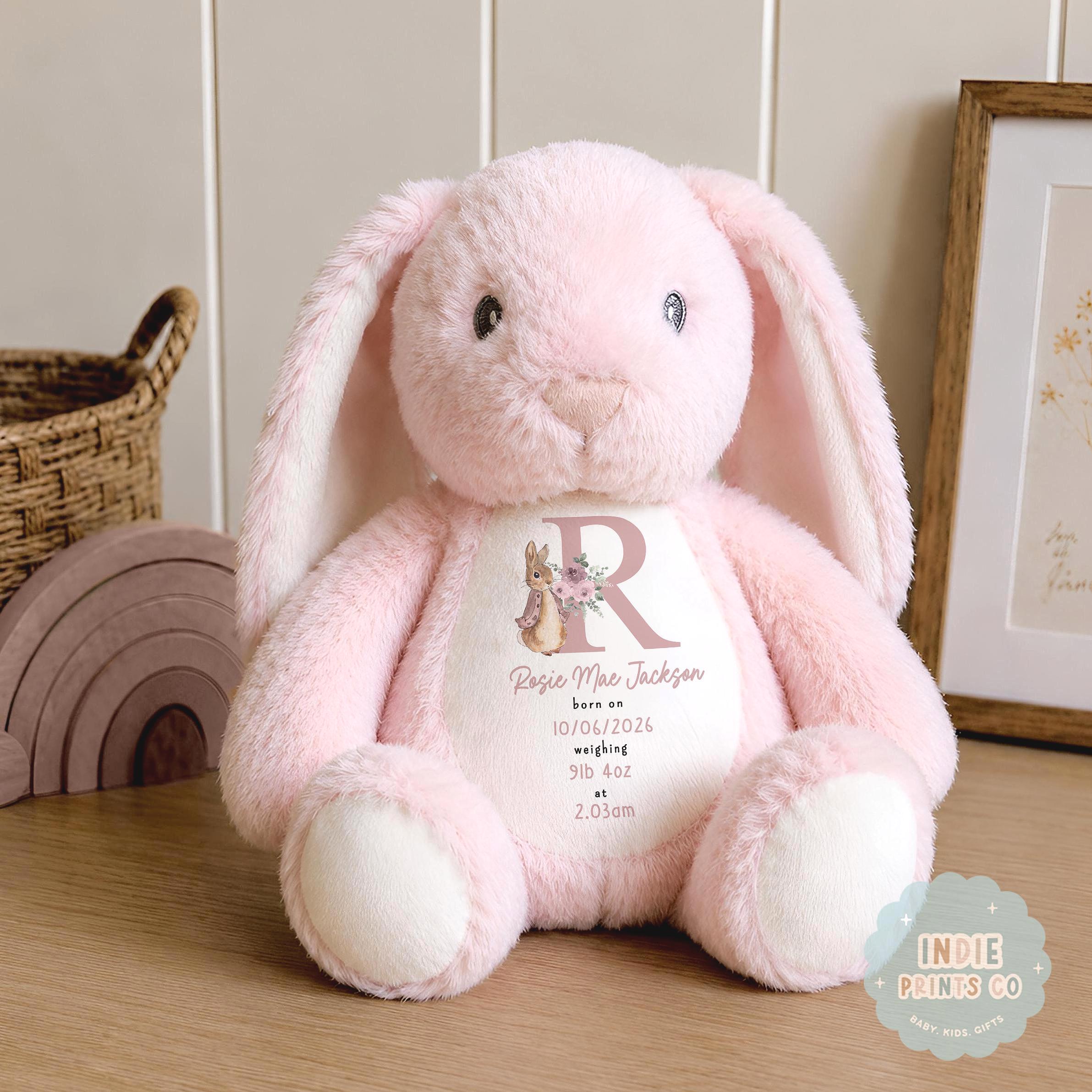Personalised Baby Girl Gift, Birth Details Bunny, Newborn Keepsake, New Baby Gift, Personalised Soft Toy