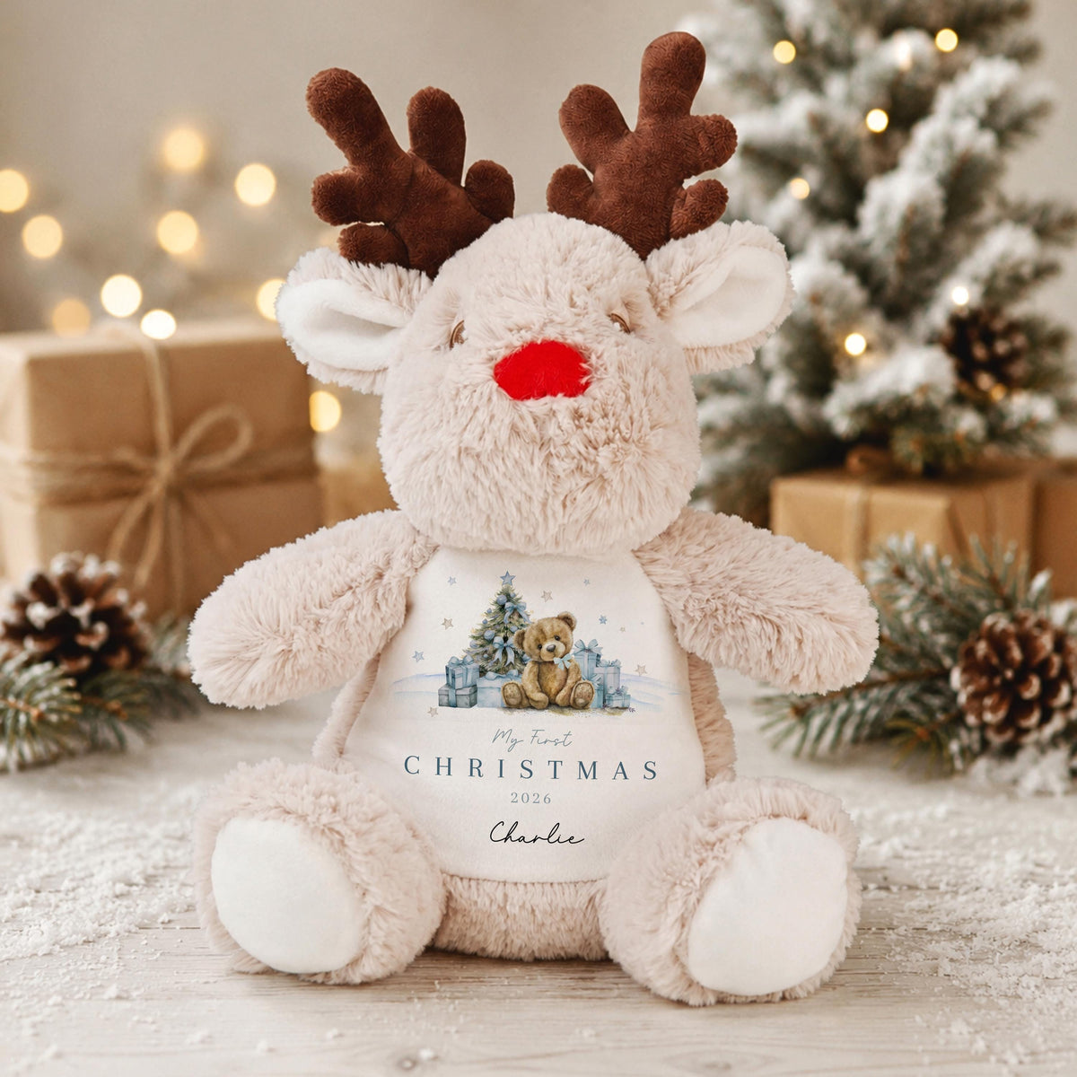 Personalised First Christmas Reindeer & Bunny Soft Toy