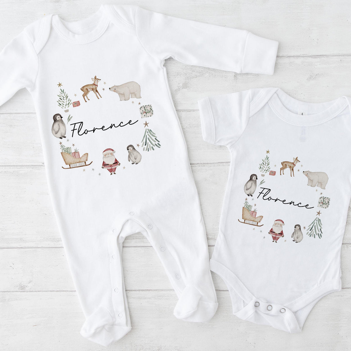 Personalised White Christmas Pyjamas and Baby Outfit
