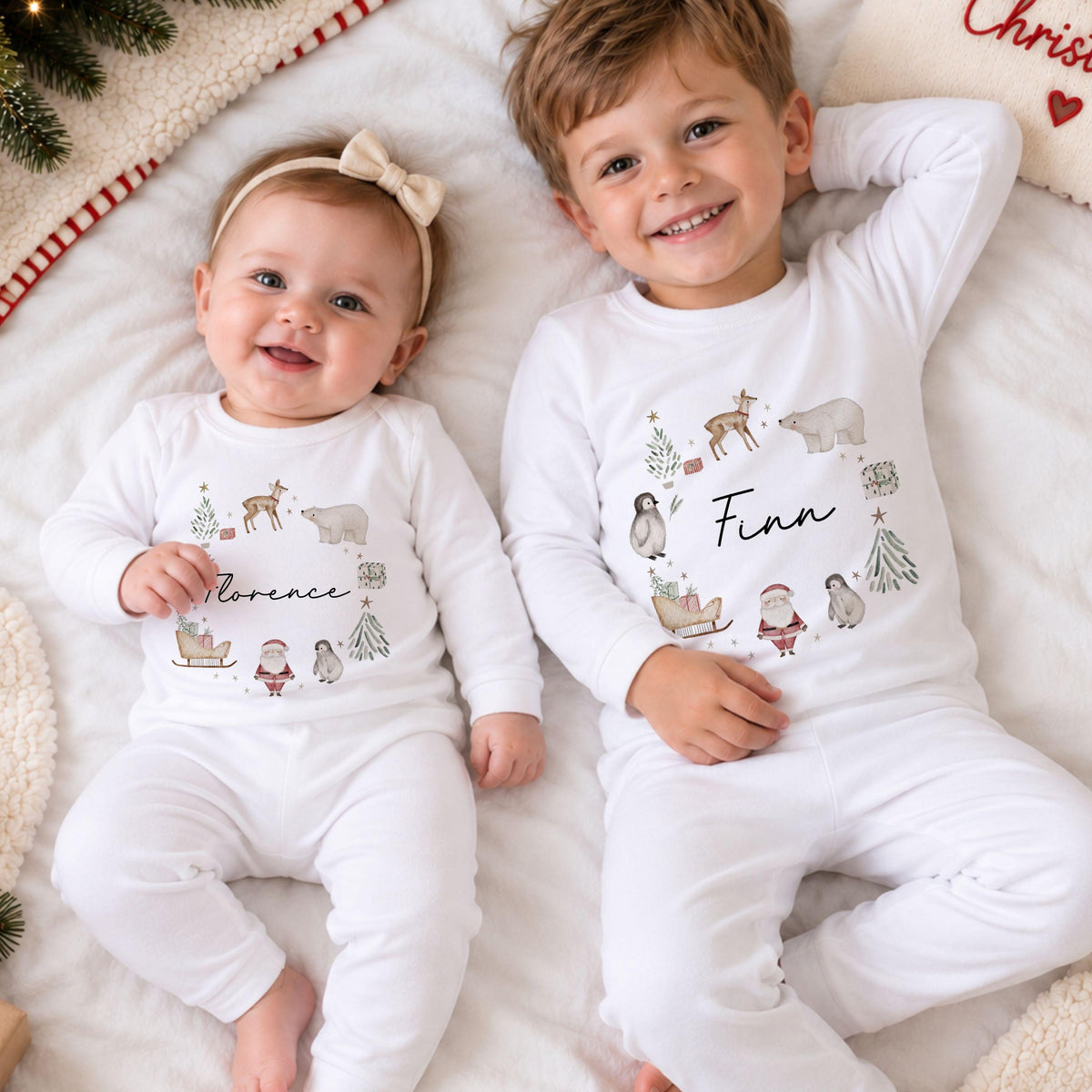 Personalised White Christmas Pyjamas and Baby Outfit