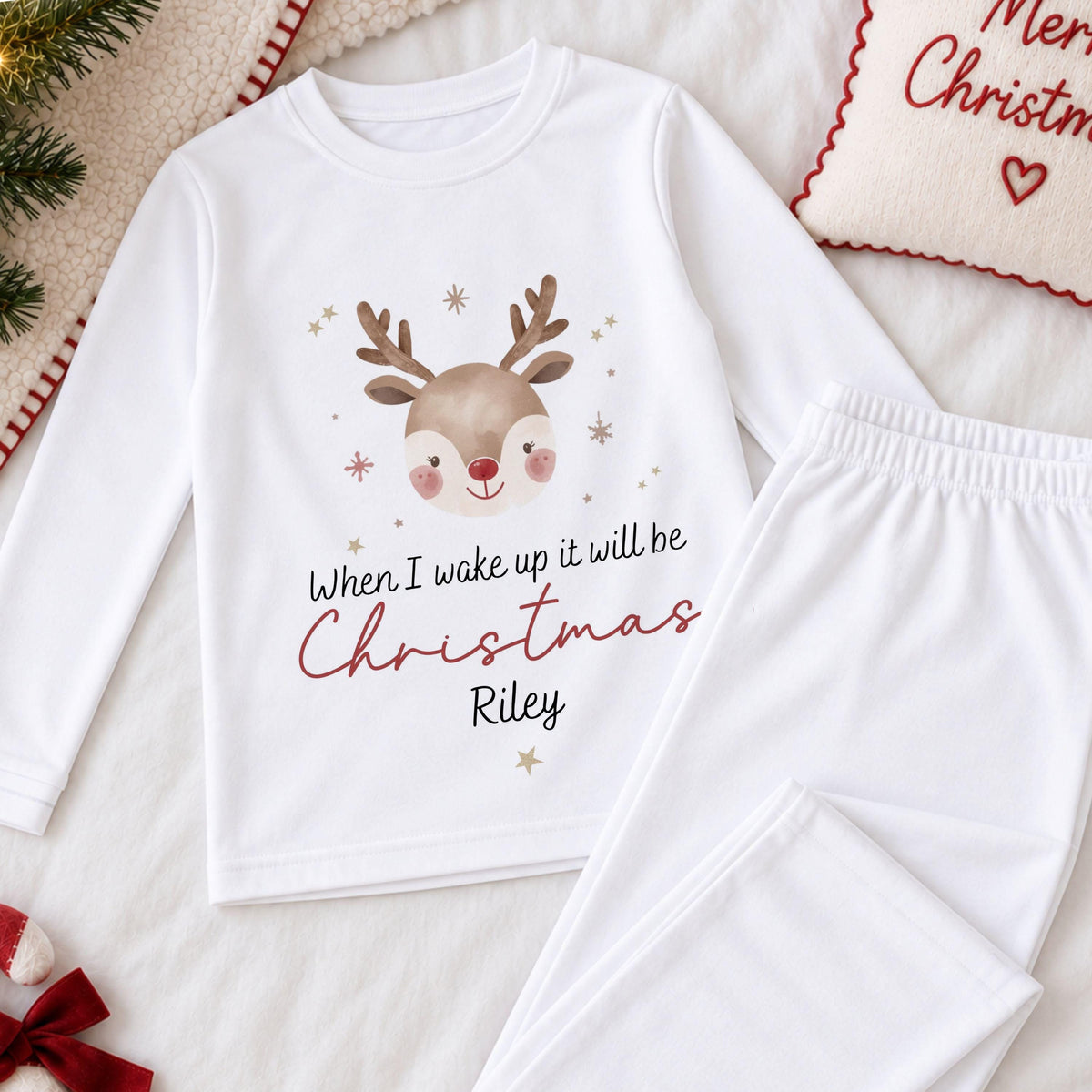 Personalised White Christmas Eve Pyjamas and Babygrow