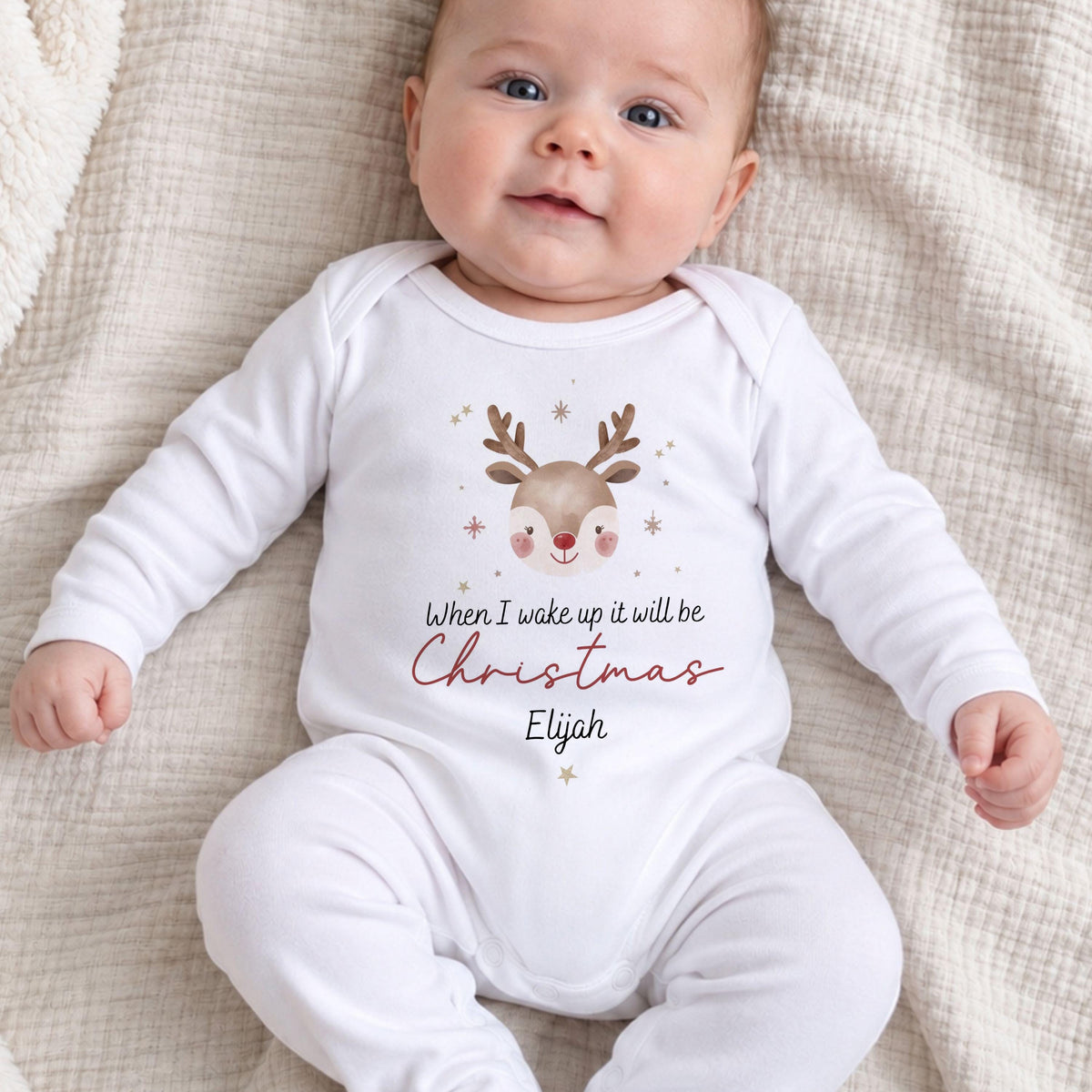 Personalised White Christmas Eve Pyjamas and Babygrow