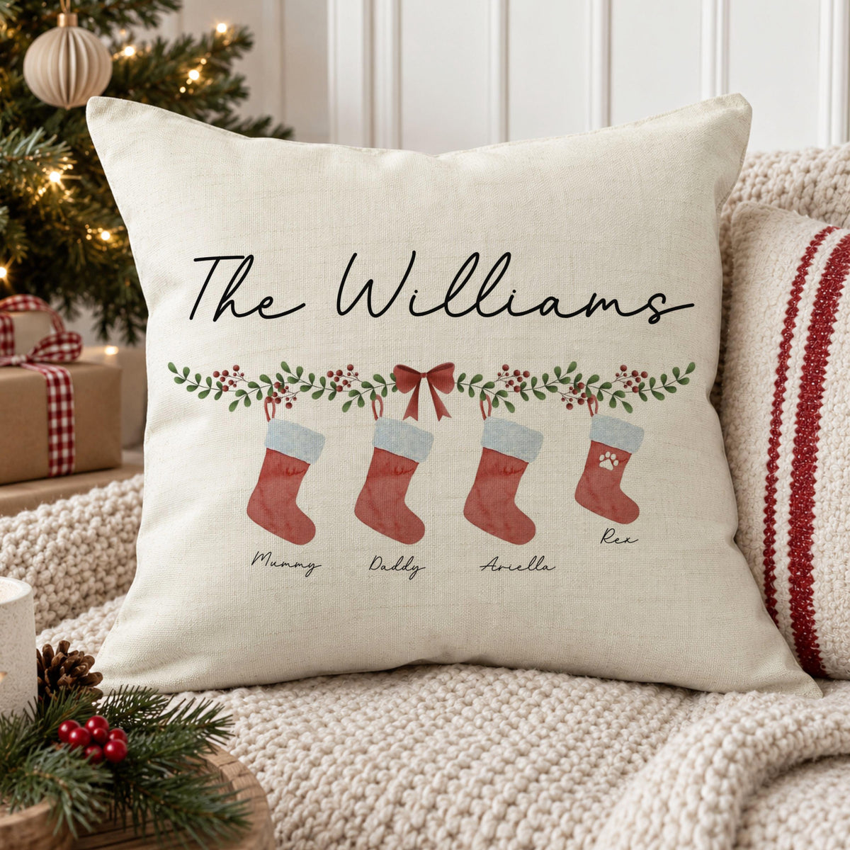 Personalised Family Name Christmas Cushion – Design 2