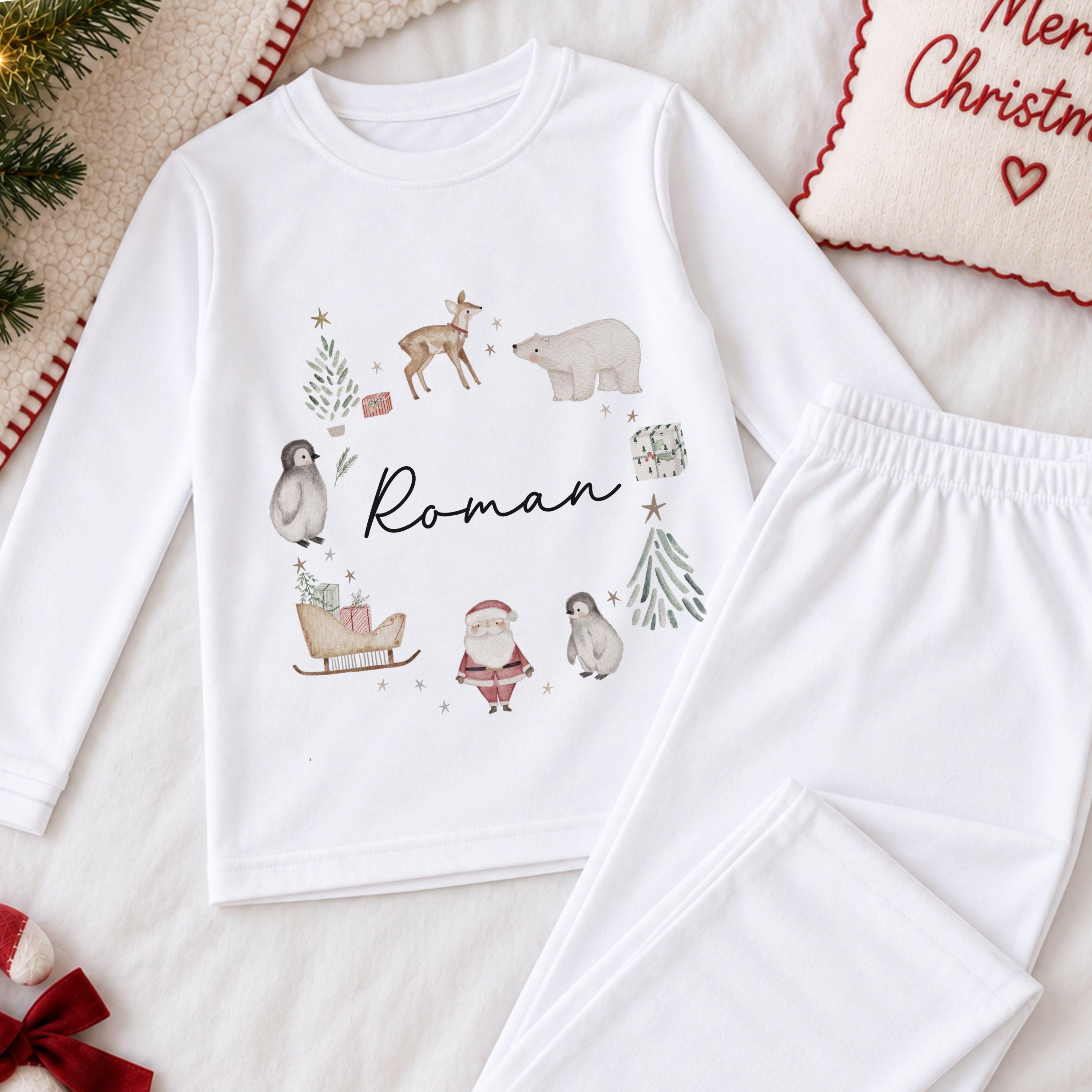Personalised White Christmas Pyjamas and Baby Outfit