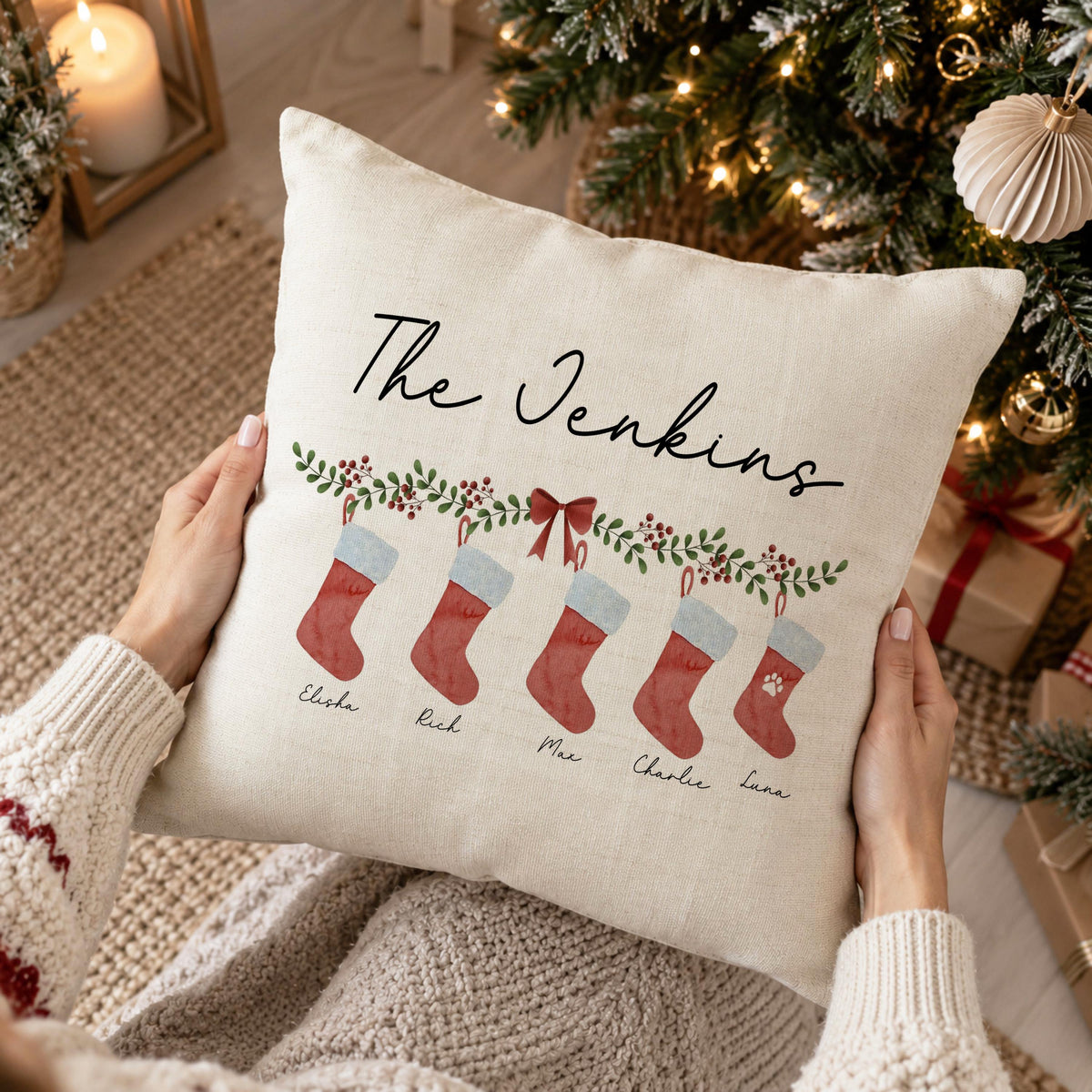 Personalised Family Name Christmas Cushion – Design 2