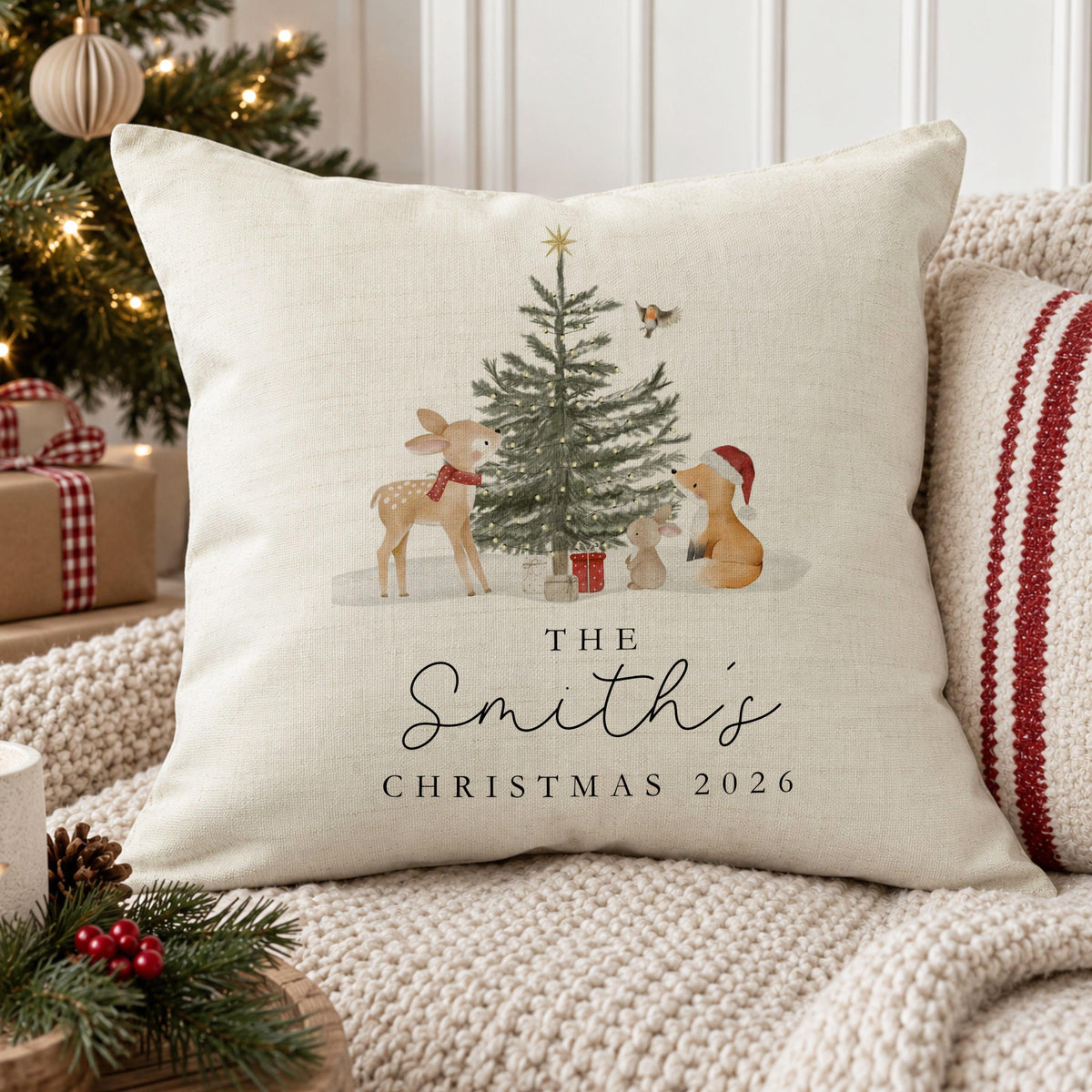 Personalised Family Name Christmas Cushion – Design 1