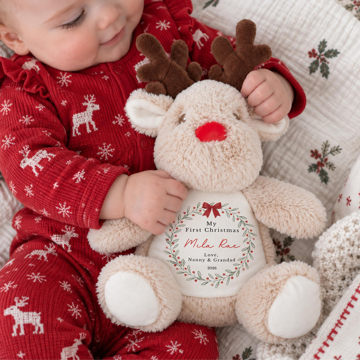 Personalised Reindeer Teddy Bear, Baby’s First Christmas Gift, Christmas Soft Toy, New Baby Xmas Gift, Baby Boy Girl, Christm